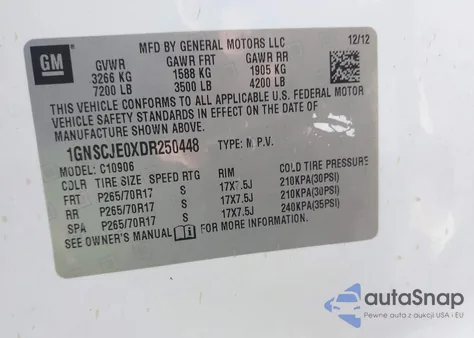 2013 Chevrolet Suburban 1500 Lt из США, поврежденный, VIN 1GNSCJE0XDR250448